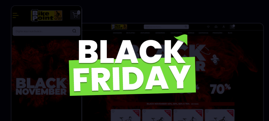 no fundo da imagem um layout de e-commerce pronto para a Black Friday, na frente da imagem está escrito Black Friday