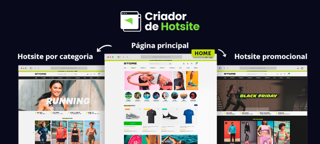 três modelos de um mesmo site, mas aplicados de formas diferentes com o Criador de Hotsite. Página principal, hotsite por categoria e hotsite promocional de Black Friday